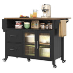 Mobile Kitchen Island with Worktop, Glass Display, LED & Casters - Black