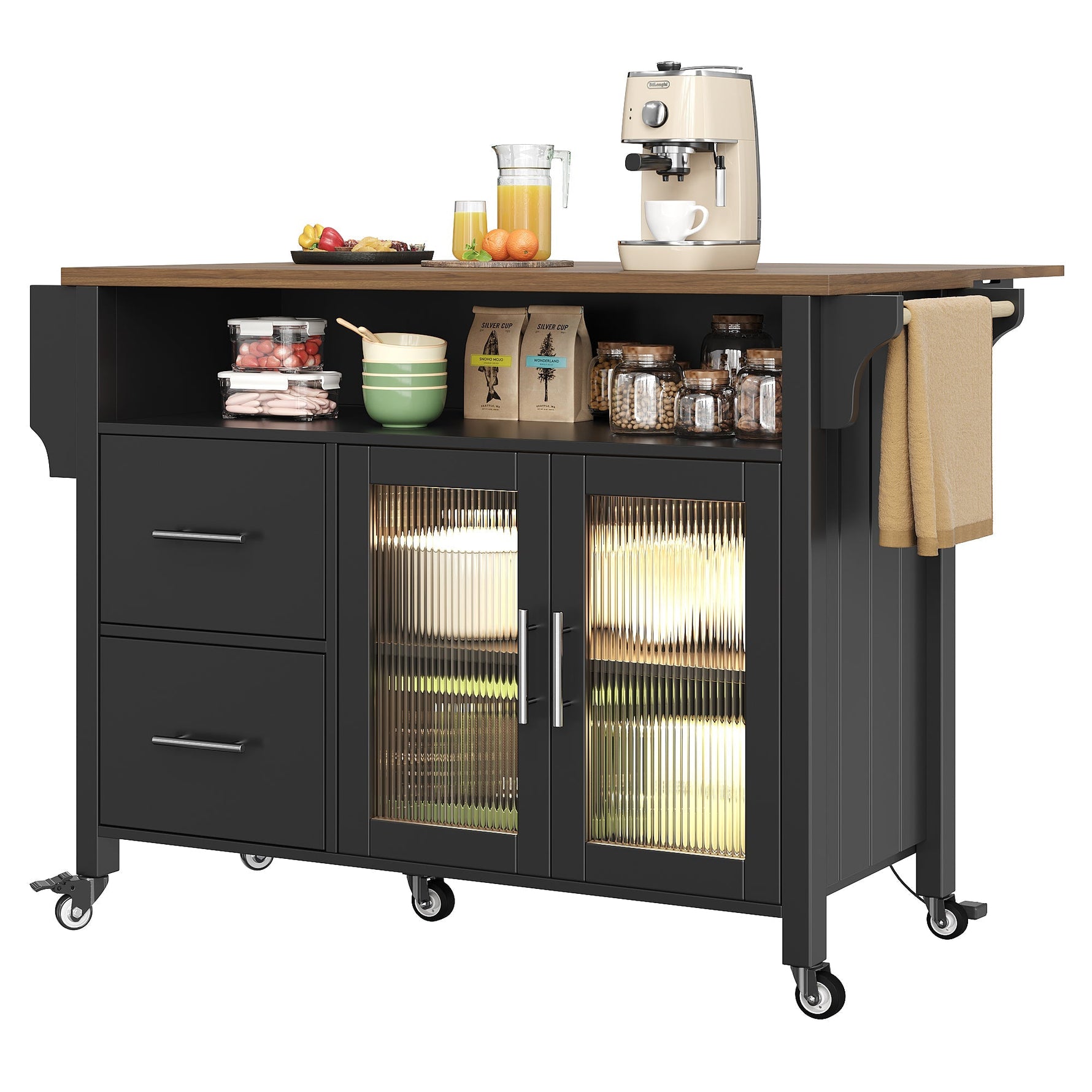 Mobile Kitchen Island with Worktop, Glass Display, LED & Casters - Black