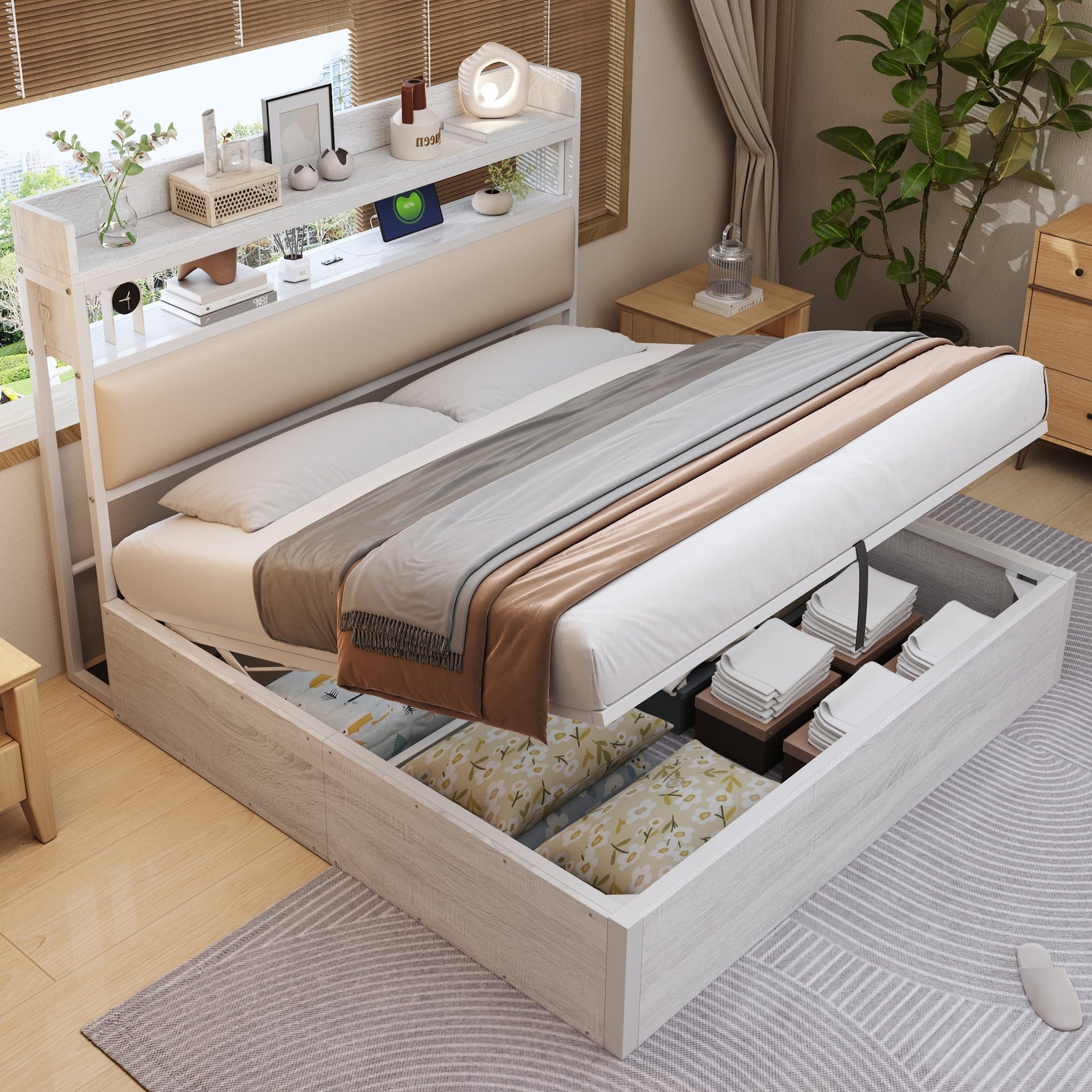 Bed Frame 180x200, Hydraulic Lift, USB, Upholstered Headboard, Hidden Storage, Wood & Metal, White
