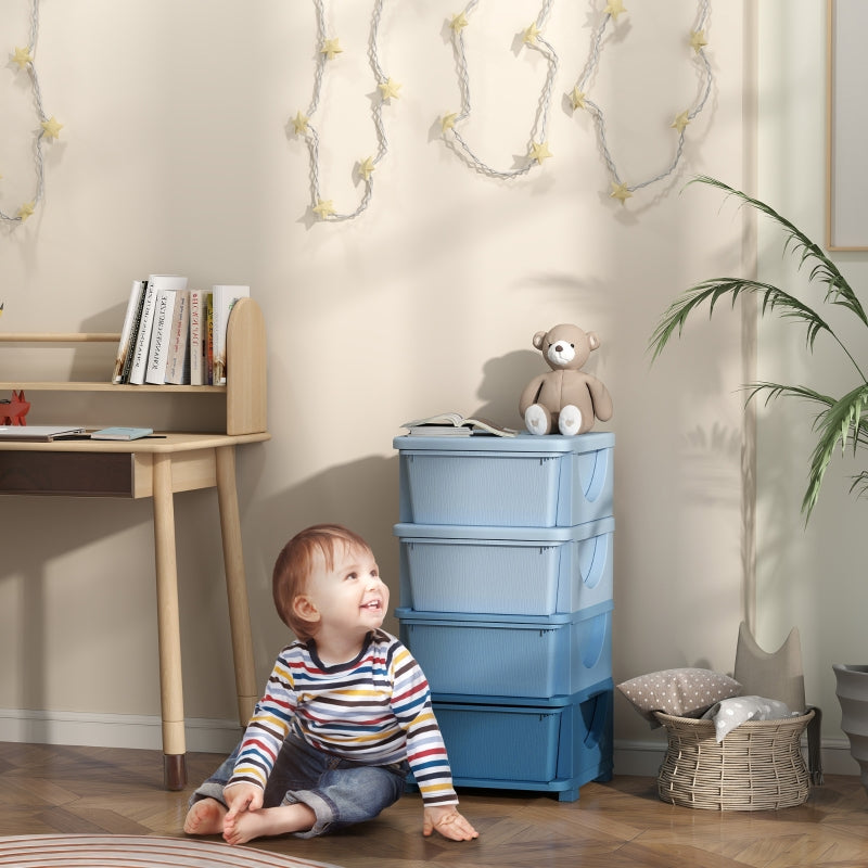 Kids' Storage Boxes, 4 Drawers, Rounded Edges, Plastic, Blue
