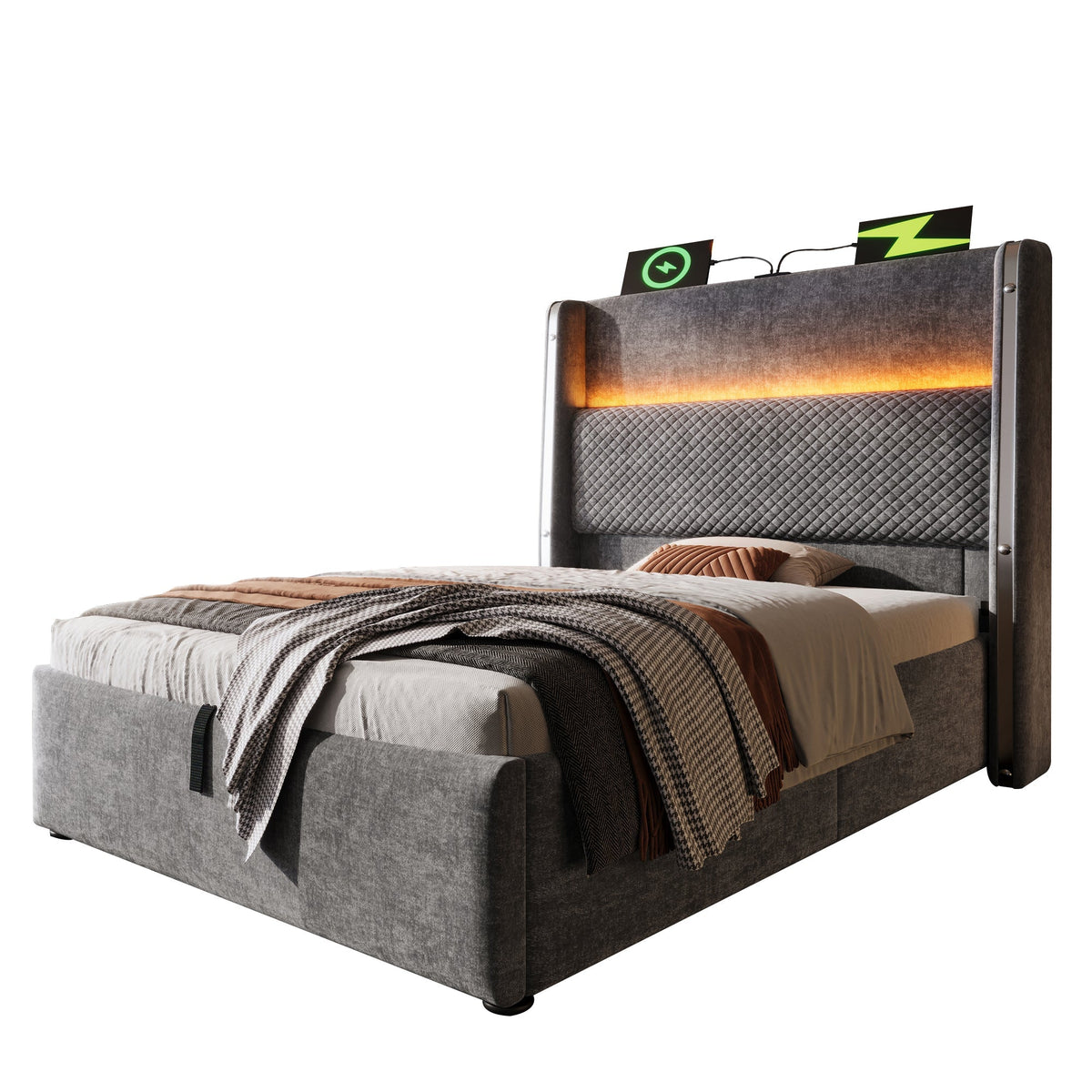 Modern Hydraulic Bed 90x200cm, High Headboard LED Storage USB/Type-C, Linen Look Grey