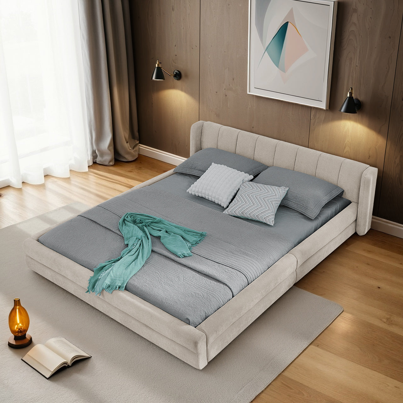 Double Bed with Comfortable Backrest and Sturdy Frame, 140x200cm, Beige Chenille