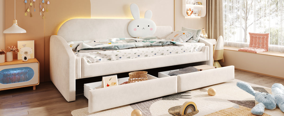 Children's Sofa Bed 90x200 with Storage & LED, Beige Velvet