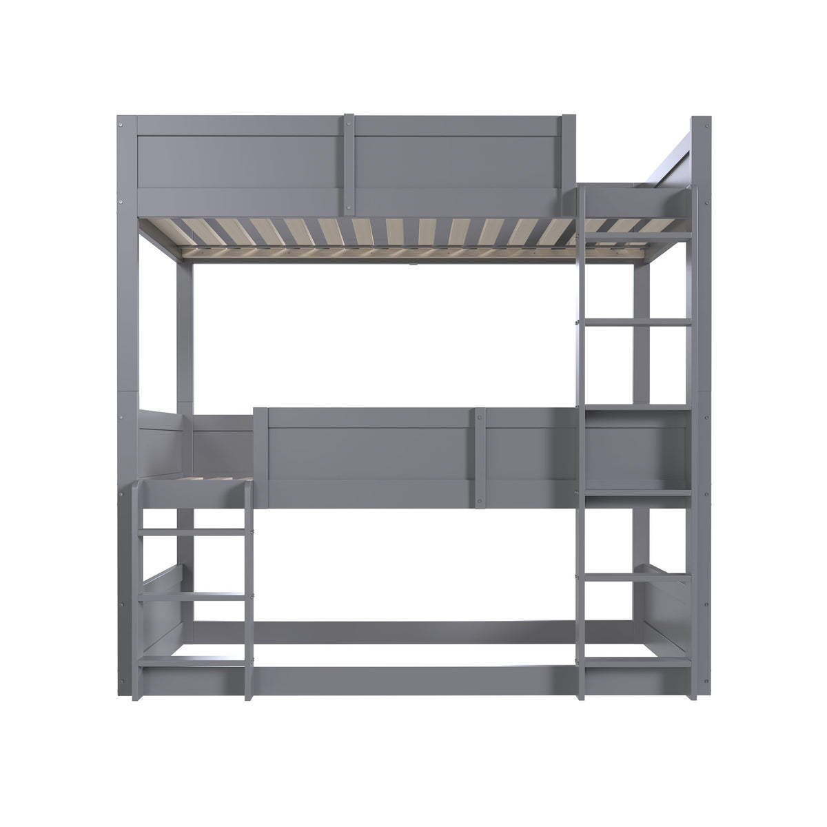 Triple Bunk Bed 90x200 cm with High Fence & Slats, Grey Wood