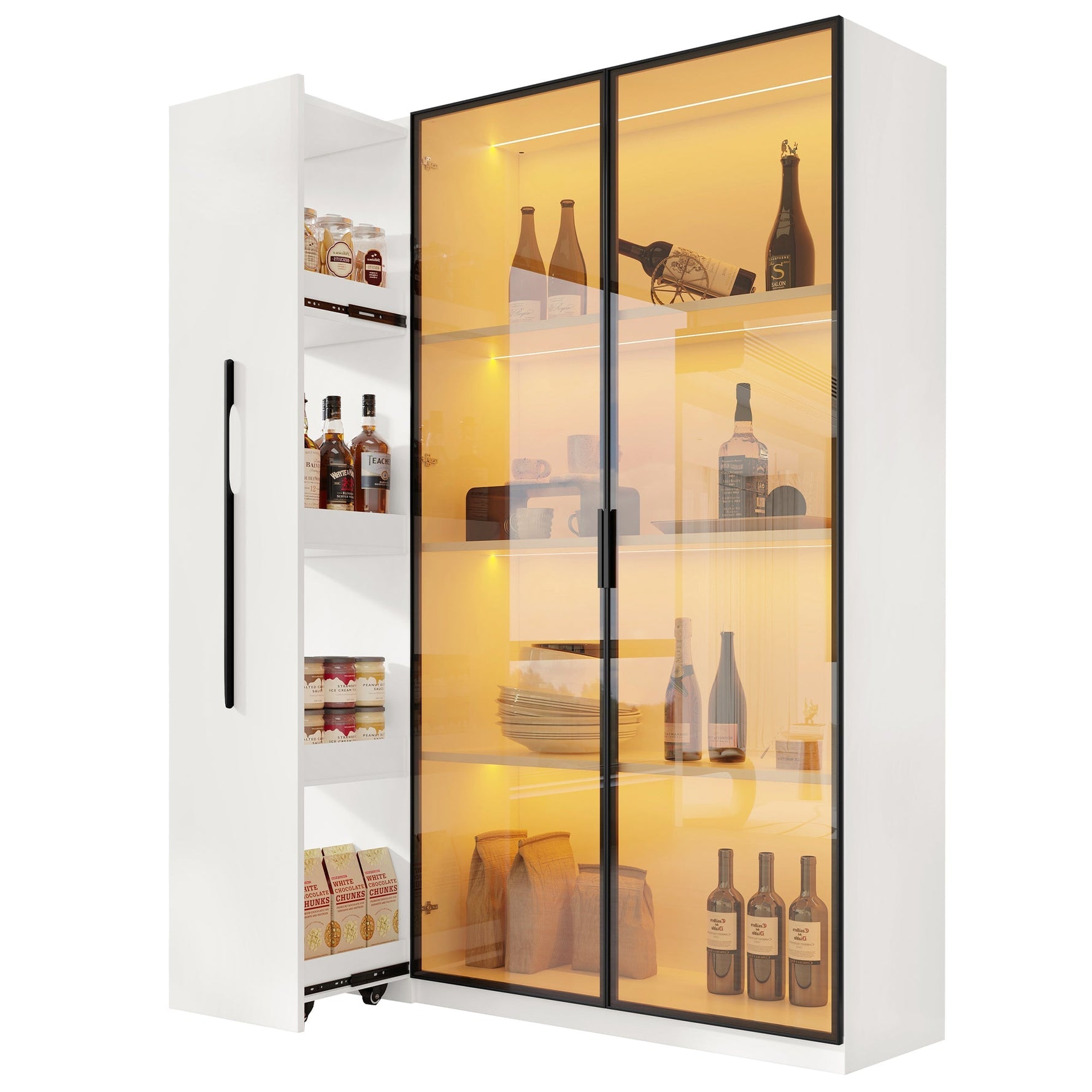 Multifunctional Cabinet with Glass Door, LED Lighting and Side Pull-out, Amber Glass and MDF