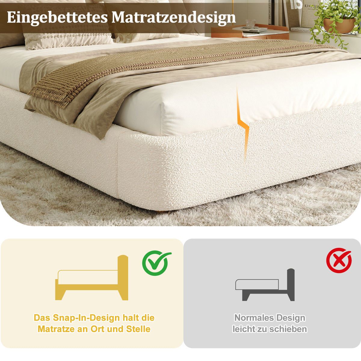Upholstered Double Bed 180x200 cm with Slatted Base, Beige Bouclé