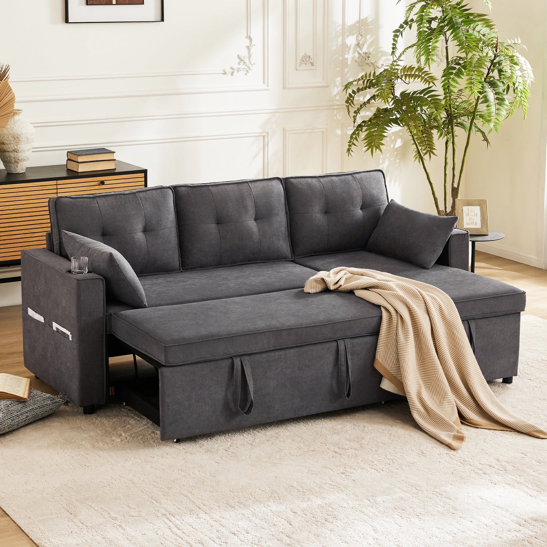 Sofa Bed L-Shaped Sleeping Function Storage Cup Holder Interchangeable Upholstered
