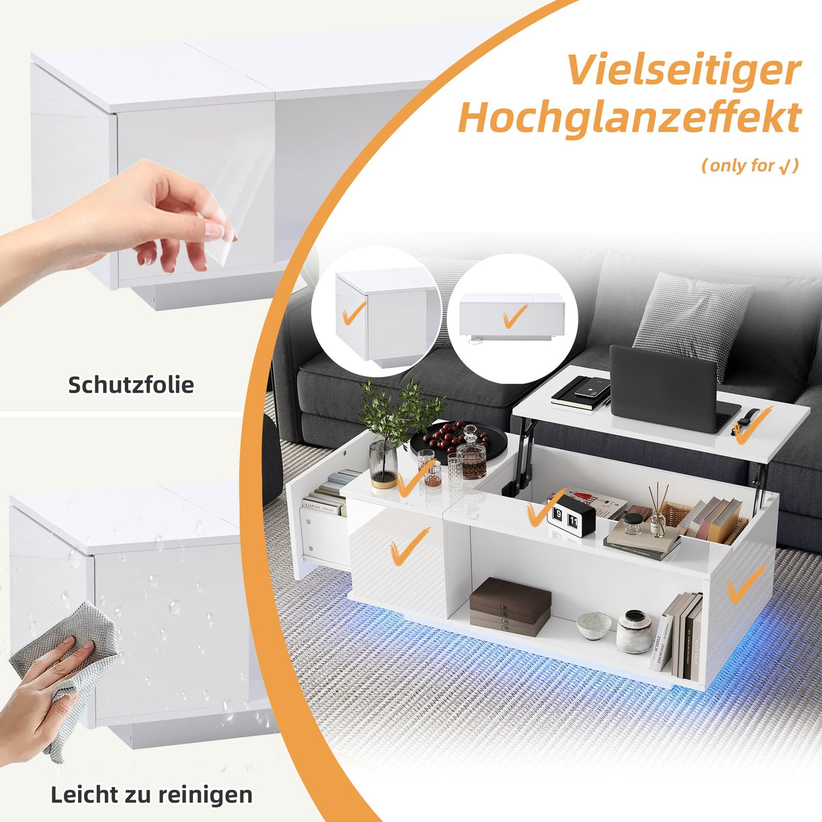 Coffee Table, Height-adjustable with Hidden Storage, LED Light & Drawer, White
