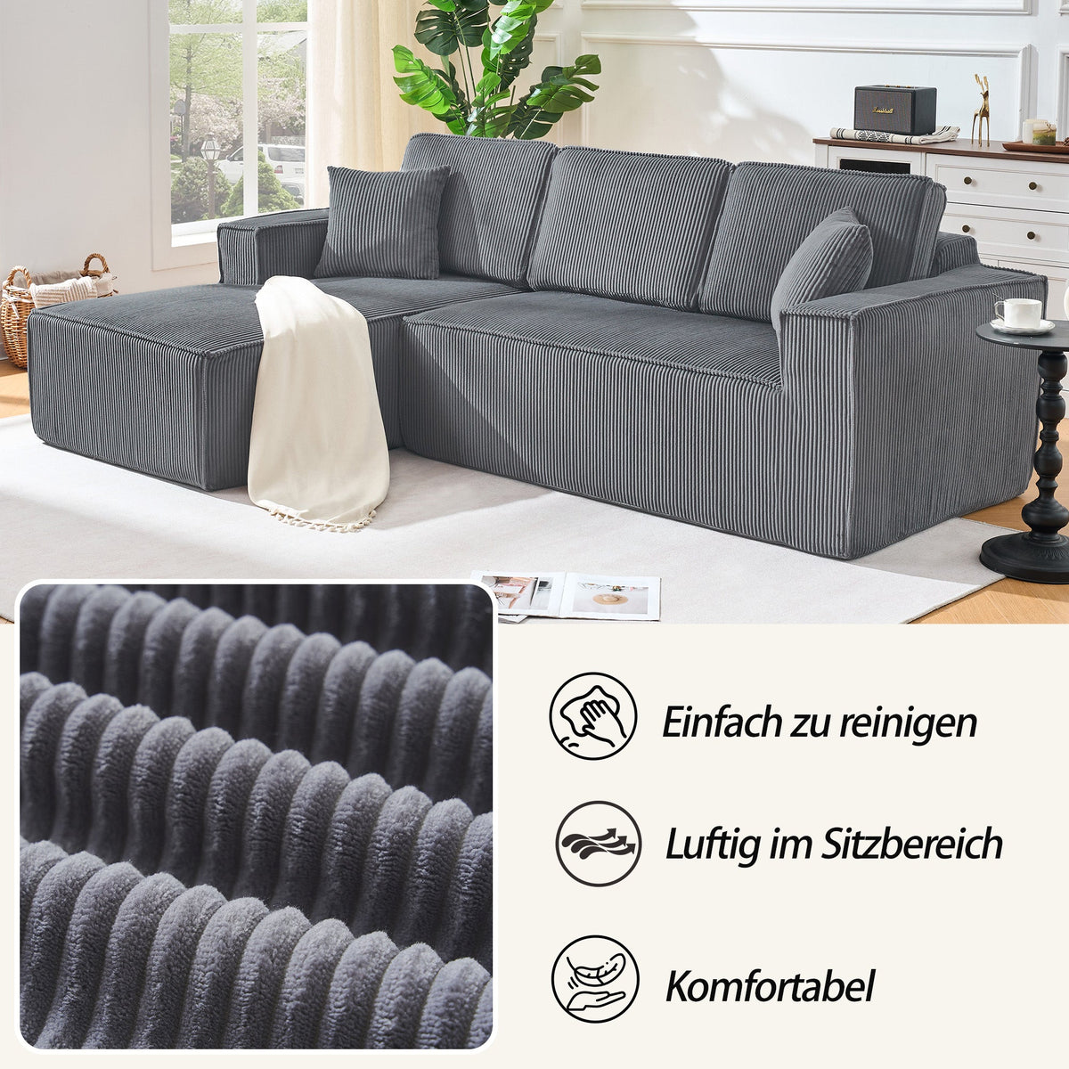 L-Shaped Modular Corner Sofa with Chaise Longue and High-Density Foam, Grey Corduroy