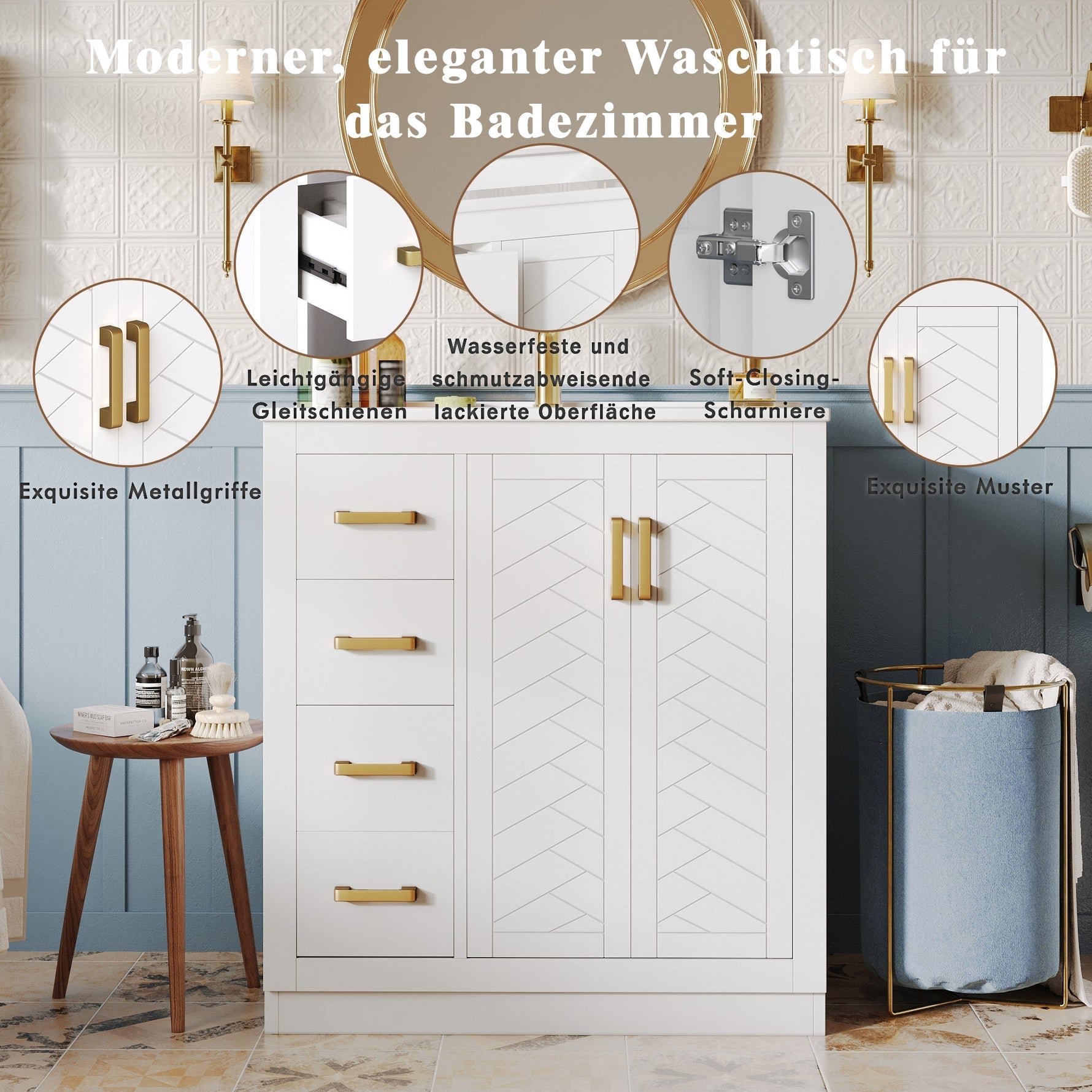 Bathroom Vanity Unit with Ceramic Sink and Side Storage Shelf, White