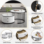 Coffee Table Set, Round Nesting with Drawers, White Marble Look