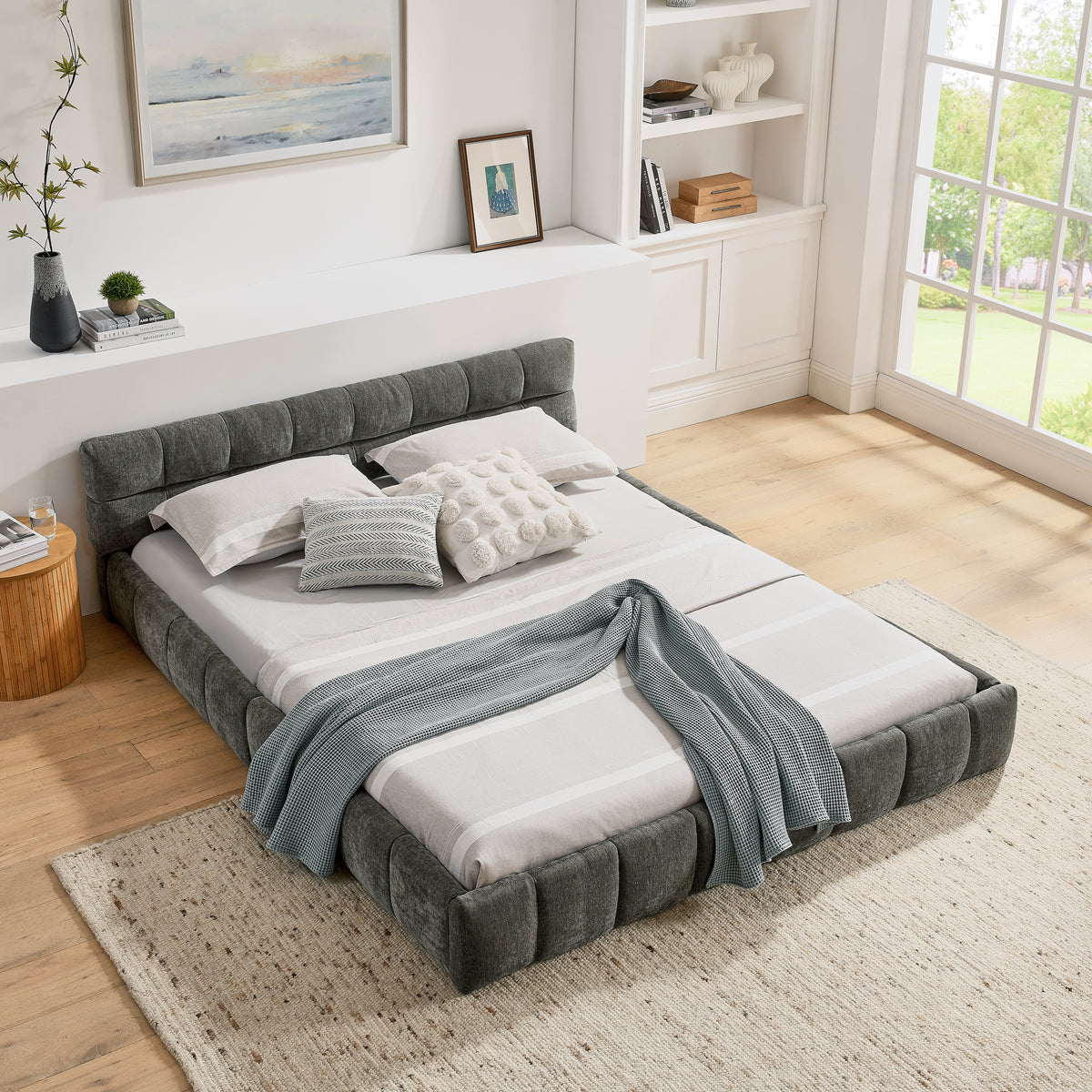 Double Bed 160x200cm Square Quilted, Dark Grey Chenille