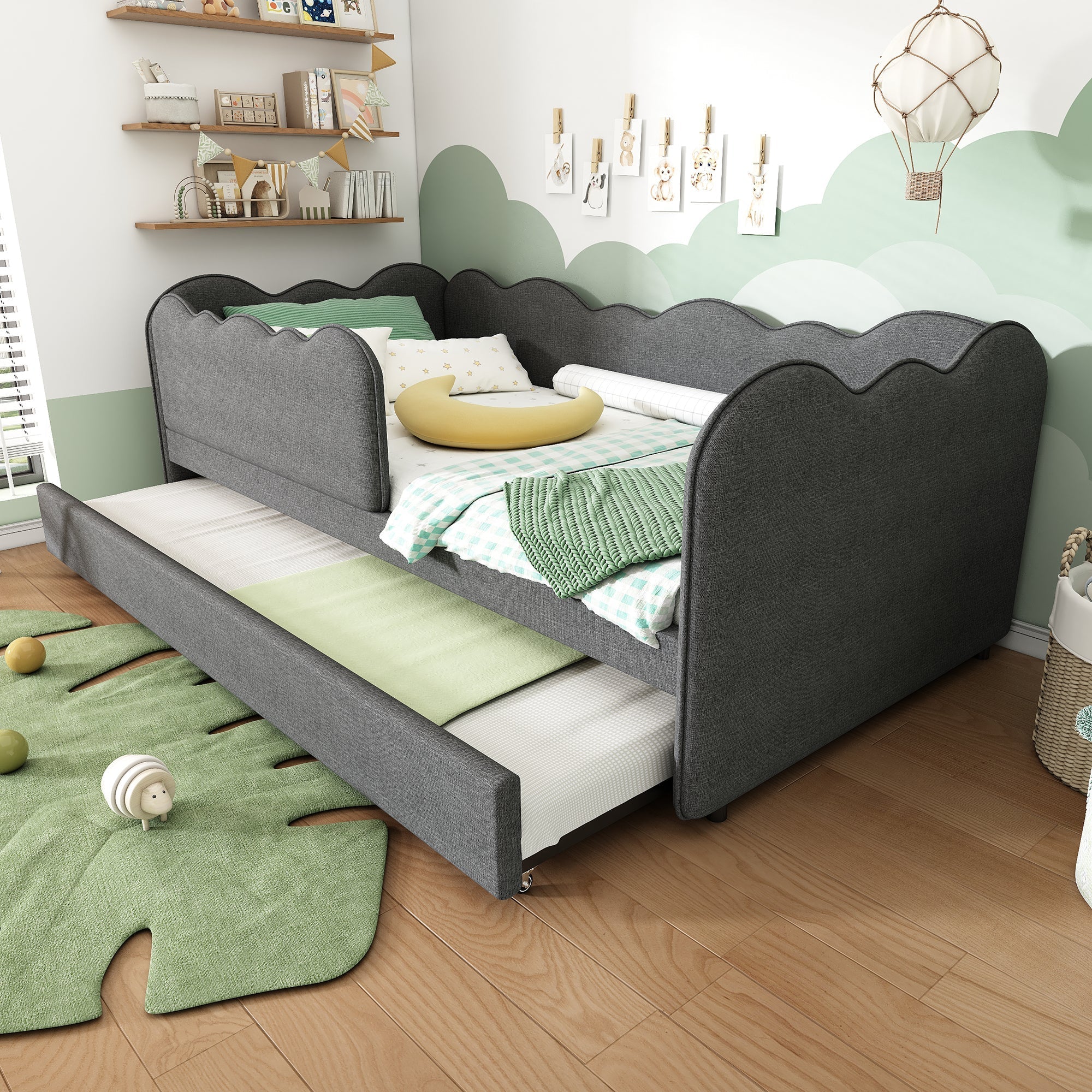 Upholstered Daybed Sofa Bed with Pull-Out Bed 90x190cm Slatted Base, Linen Grey