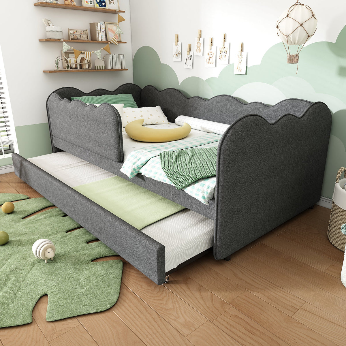 Upholstered Daybed Sofa Bed with Pull-Out Bed 90x190cm Slatted Base, Linen Grey