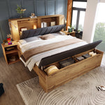 Double Bed 160x200cm Wooden Storage Fold-Down Linen Headboard USB & Bench - Oak