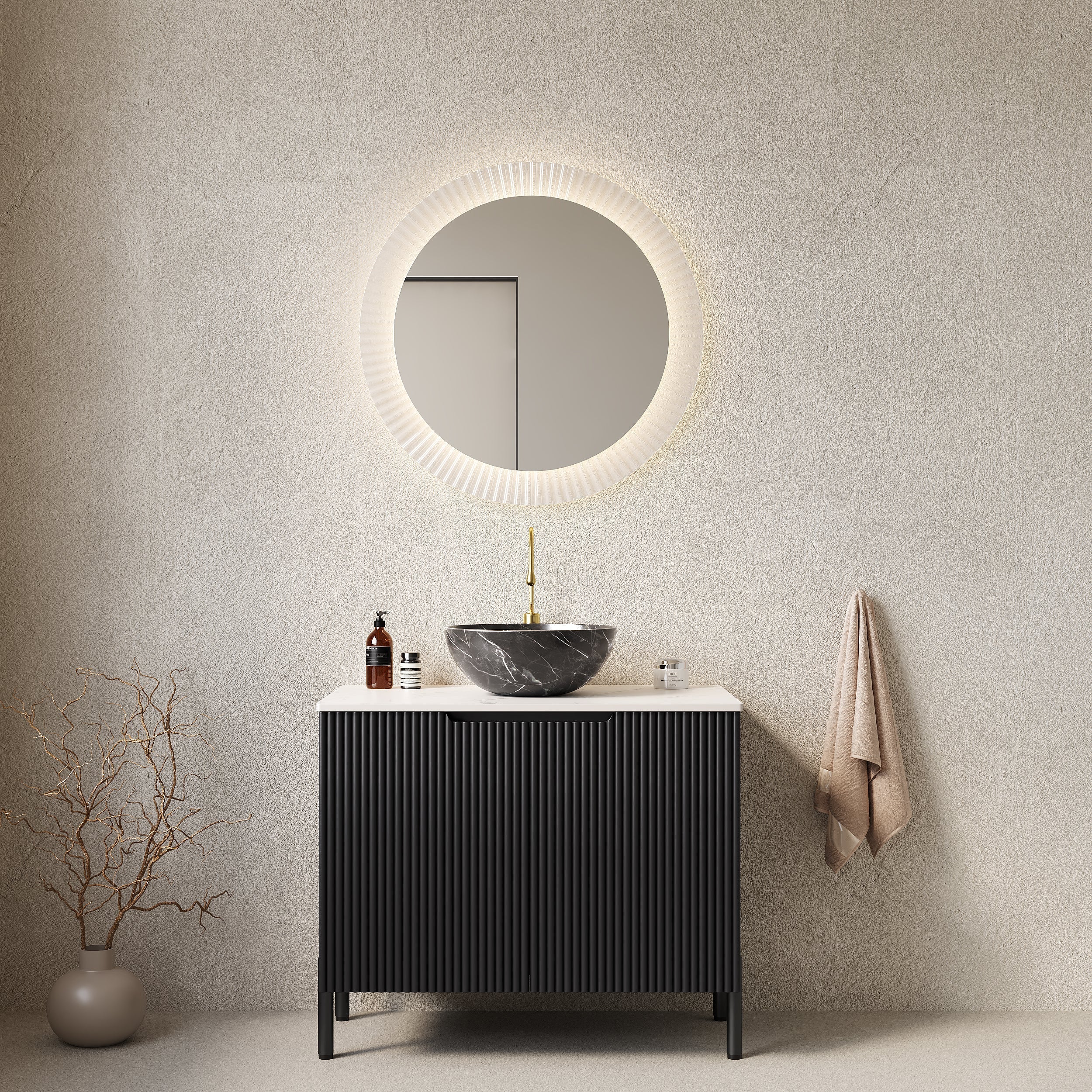 76cm Bathroom Vanity Unit with Stone Pattern Basin and Sintered Stone Countertop, Black