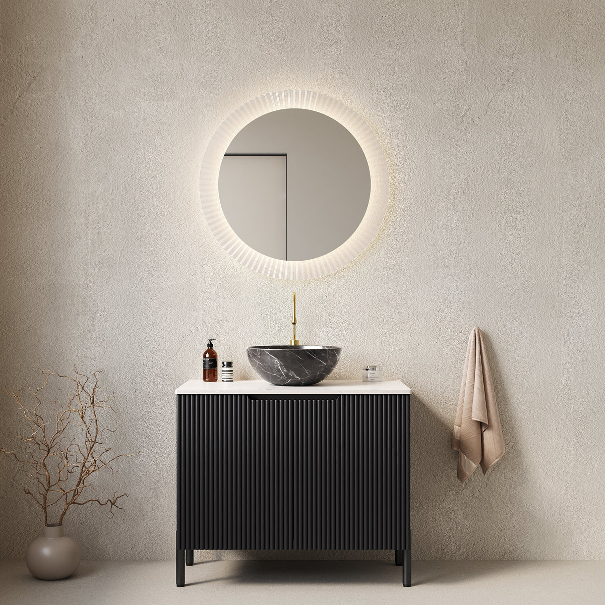 76cm Bathroom Vanity Unit with Stone Pattern Basin and Sintered Stone Countertop, Black
