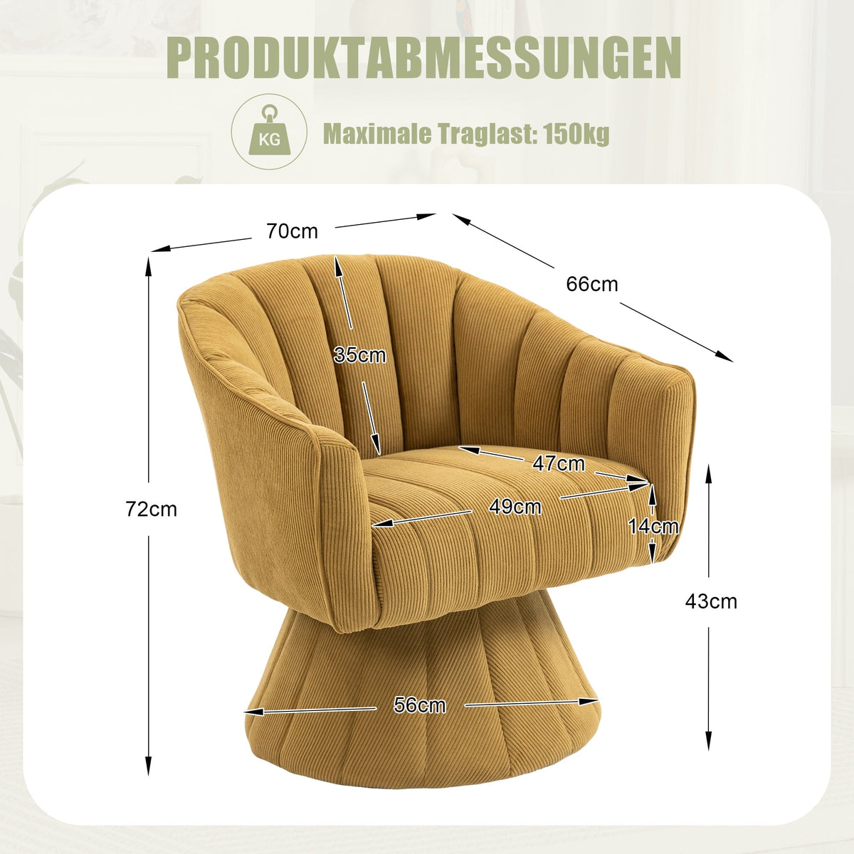 360° Swivel Chair with Ergonomic Cushions and Wraparound Armrests, Mustard Yellow
