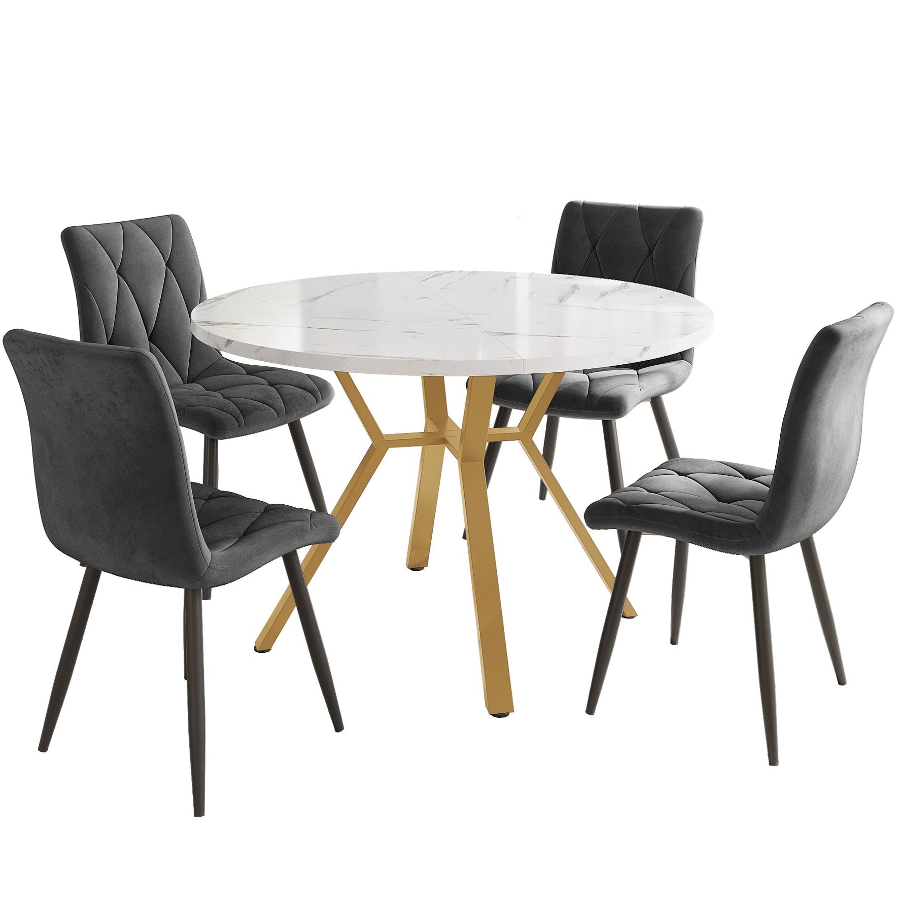Dining Set 5-Piece Round Marble Table 4 Velvet Chairs - Grey