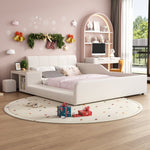 Upholstered Bed with Desk, Stool and Storage Shelf, 140x200cm, White Velvet