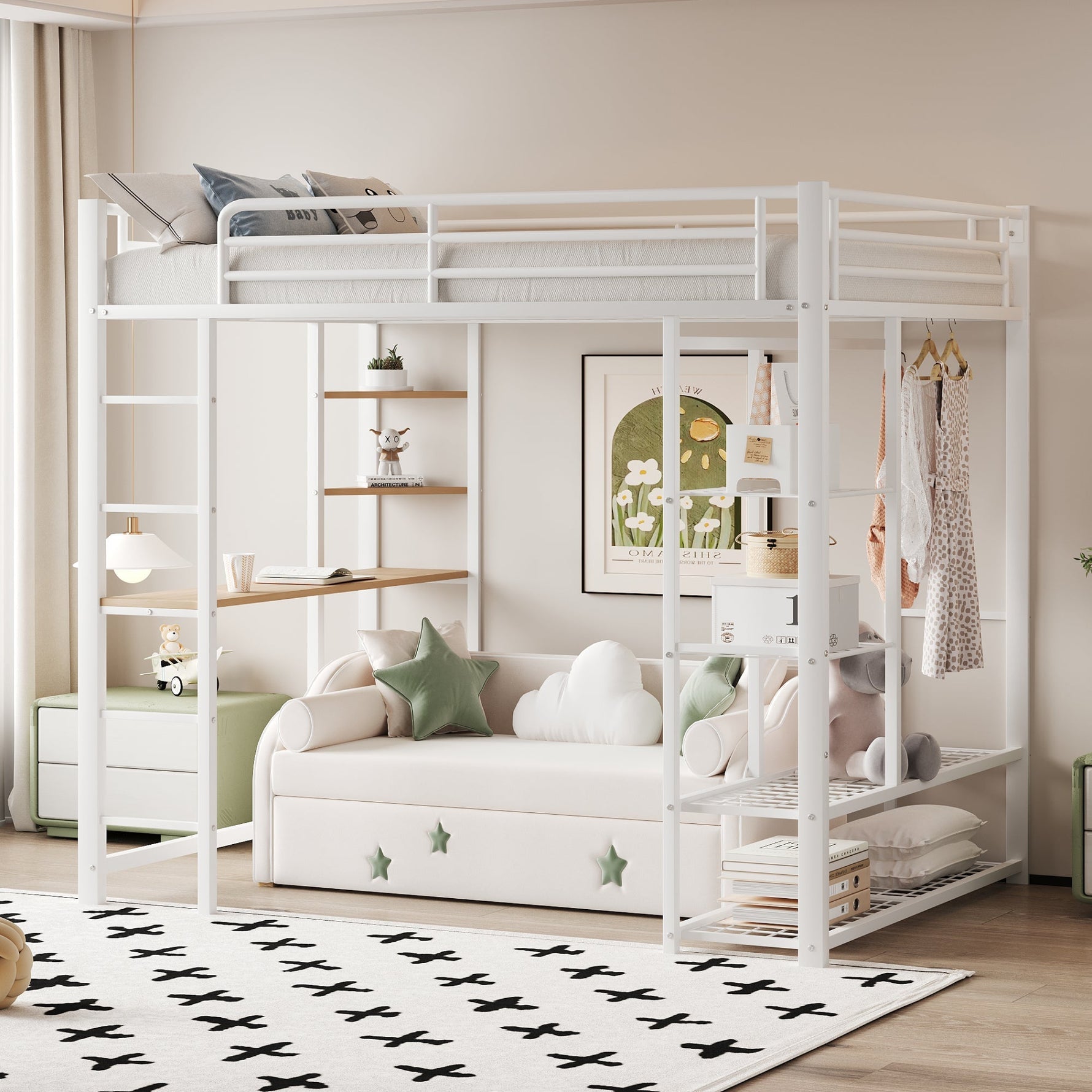 Loft Bed, Ladder & Table, Storage, White