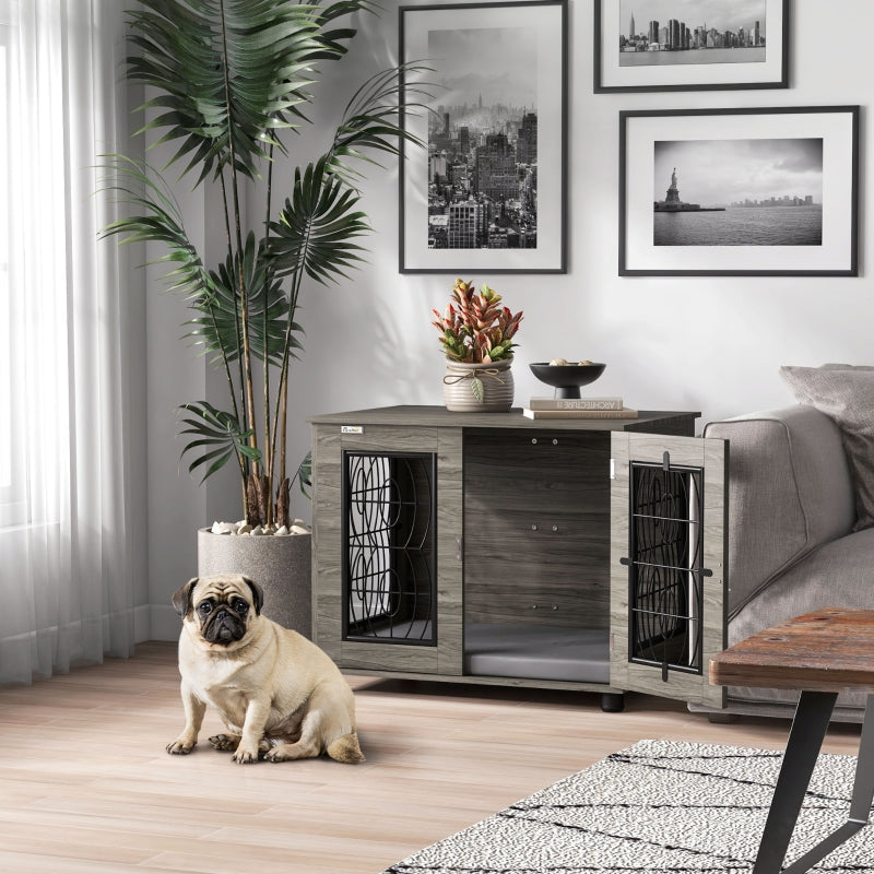 Dog Crate with Cushion, 20 kg/50 cm, Metal, Grey/Wood Decor