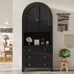 Tall Arched Storage Cabinet with Drawers, Doors & Open Display Area - Black