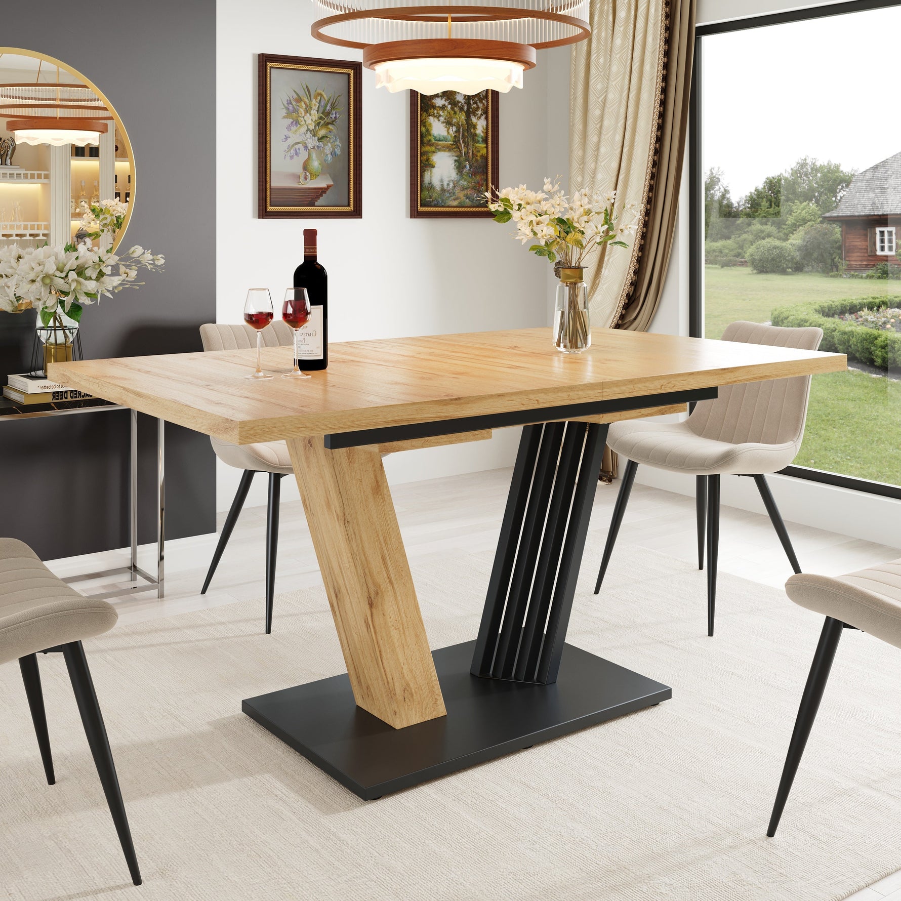 Extendable Dining Table with Wing-Shaped Legs, 120-160 cm, Wood Look