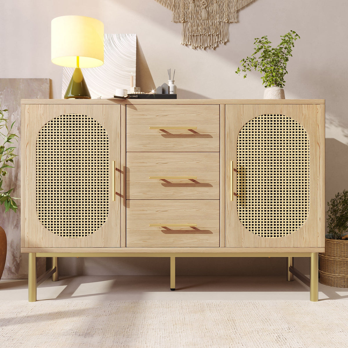 Rattan Sideboard 3 Drawers 2 Doors Adjustable Shelves 120x40x74cm Sonoma Oak