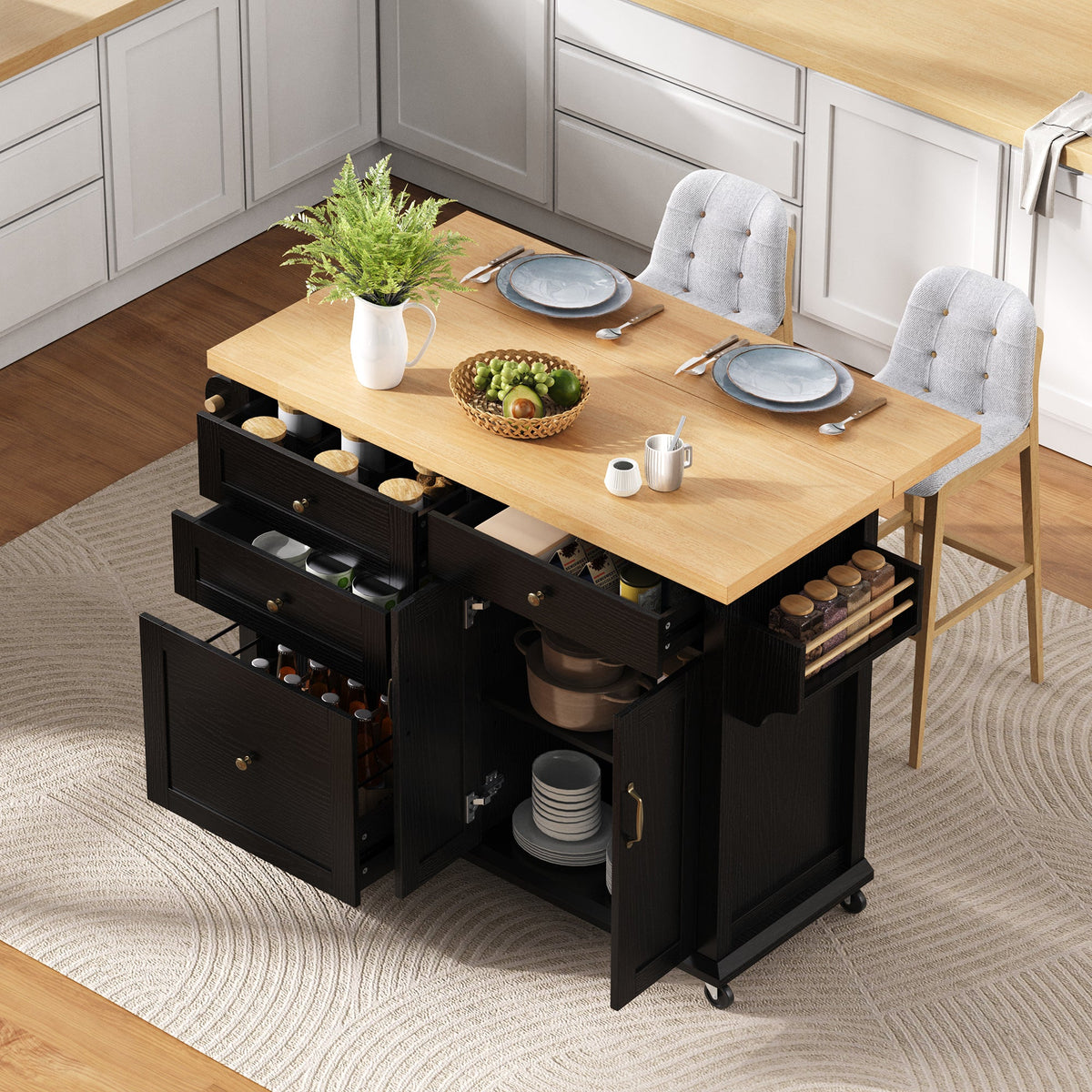 Mobile Kitchen Island, Extendable Table and Multifunctional Drawers, Black