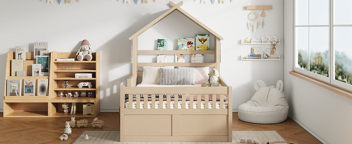 Wooden House Bed with Pull-out Bed, 3 Drawers and Safety Rails, 140x200cm, Cream