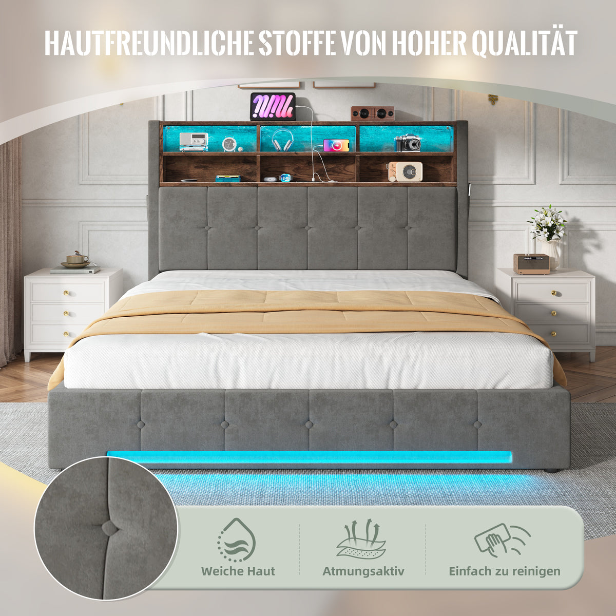 Storage Bed 160x200 with LED & USB Headboard, Velvet