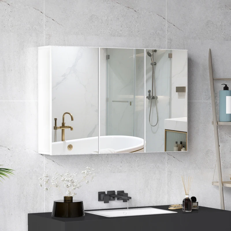 Bathroom Mirror Cabinet, 3 Mirrored Doors, Wall Mounted, White Chipboard