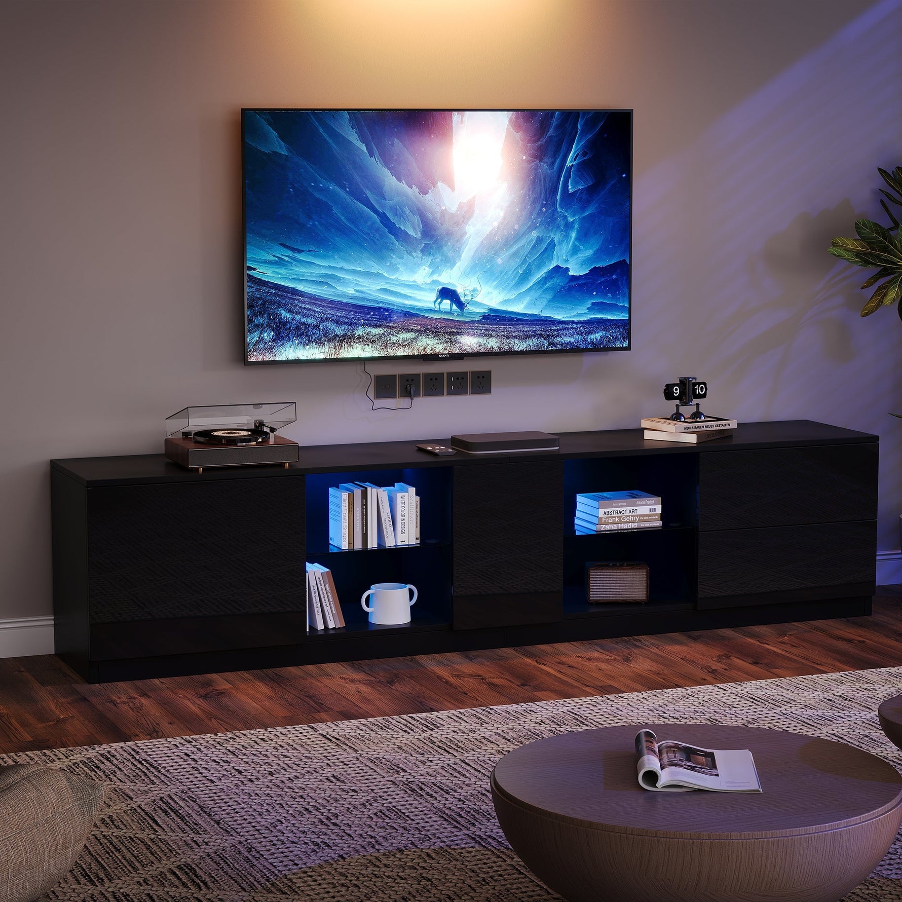 Lowboard TV Stand High-Gloss with LED Lighting 160cm for 65" TV Black