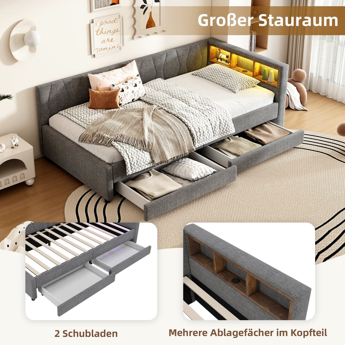 Daybed Sofa Bed 90x200cm Storage Compartment USB/Type C Two Drawers Linen Grey