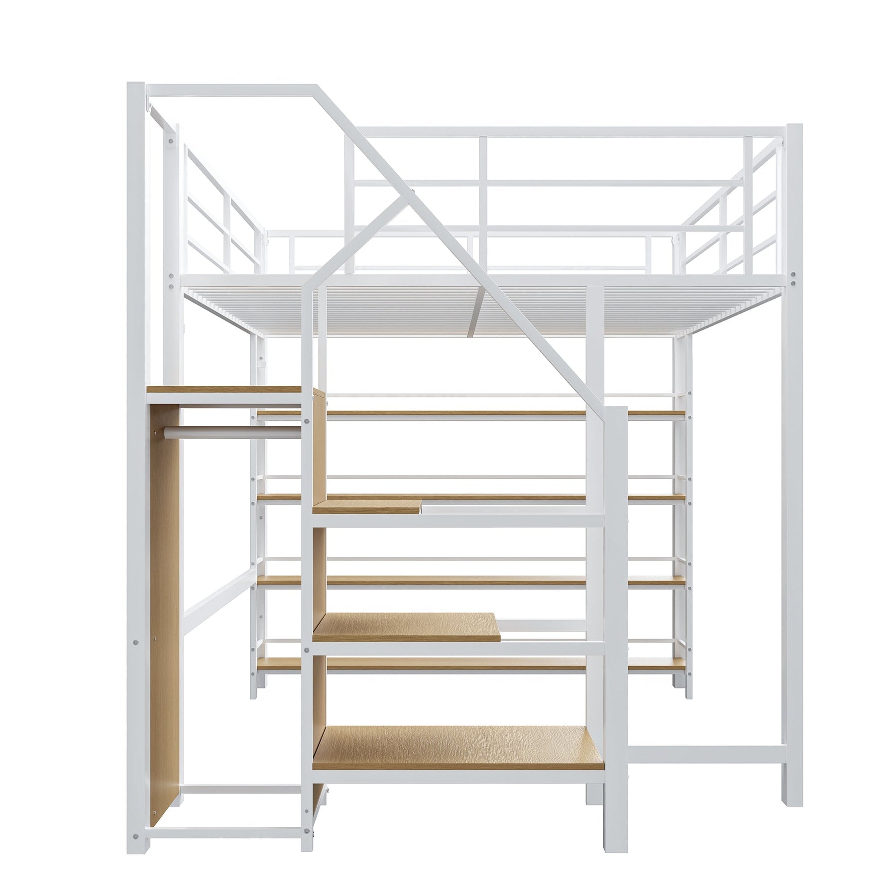 Loft Bed 140x200 with Safety Stairs Storage Wardrobe - White