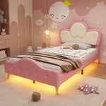 Upholstered Children's Bed with Crown Headboard, LED Strip, PU, Pink + White