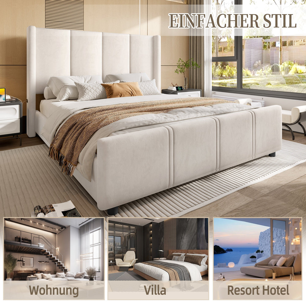 Upholstered Bed Frame, Modern with USB Port, Iron & Wood, Beige