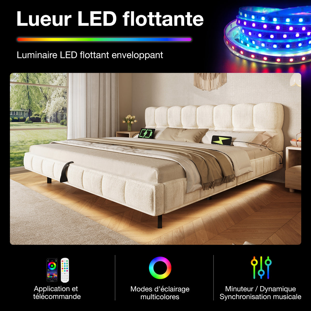 Upholstered Double Bed 180x200cm Storage LED, Beige Chenille