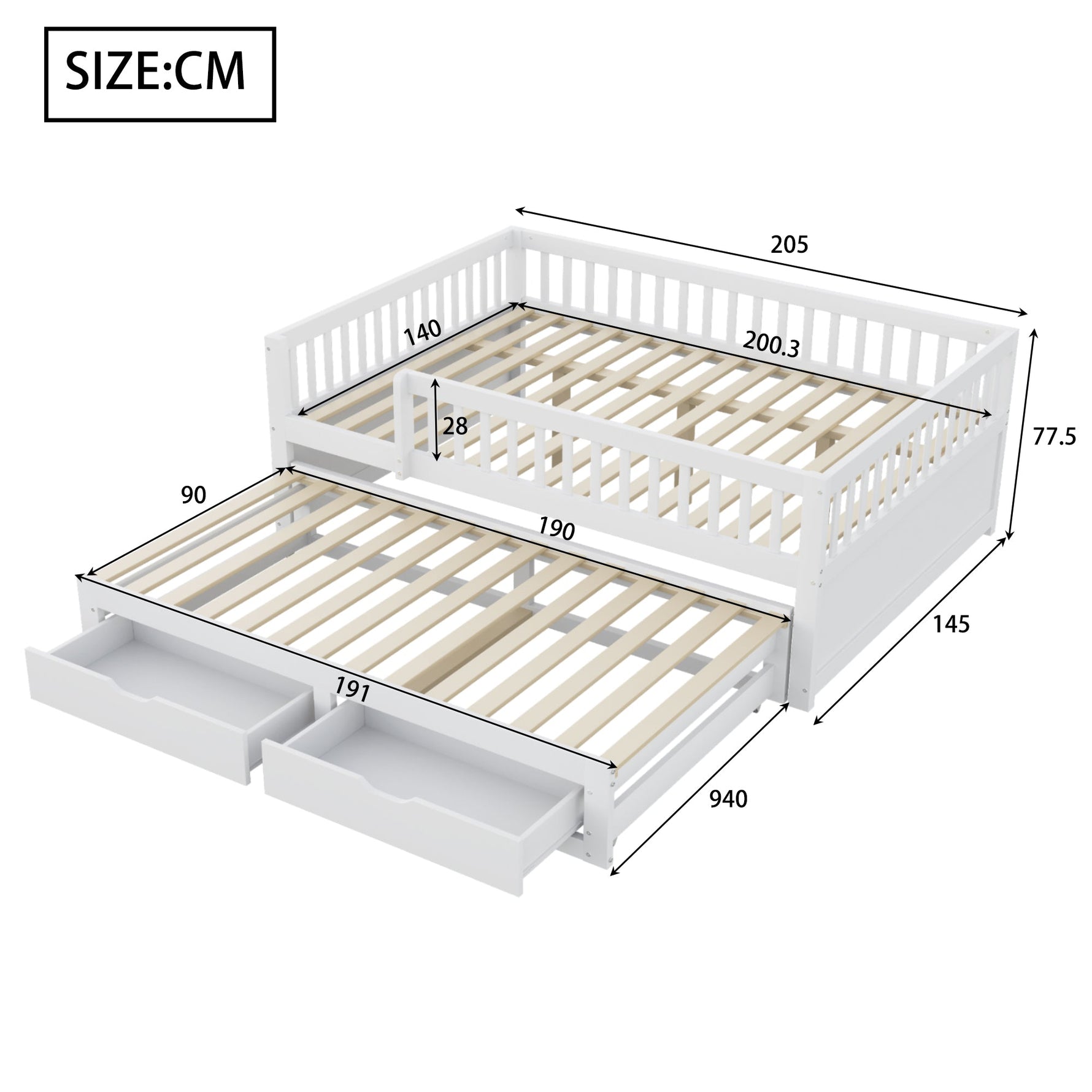 Sofa Bed, Pull-Out with Safety Gate & 2 Drawers, Solid Wood, White