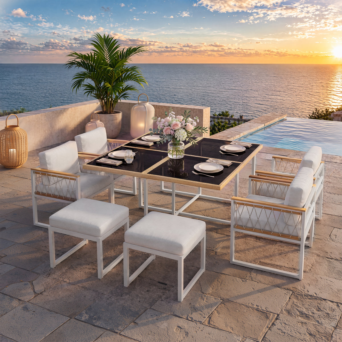 7-Piece Garden Furniture Set for 6 People, Tempered Glass & WPC
