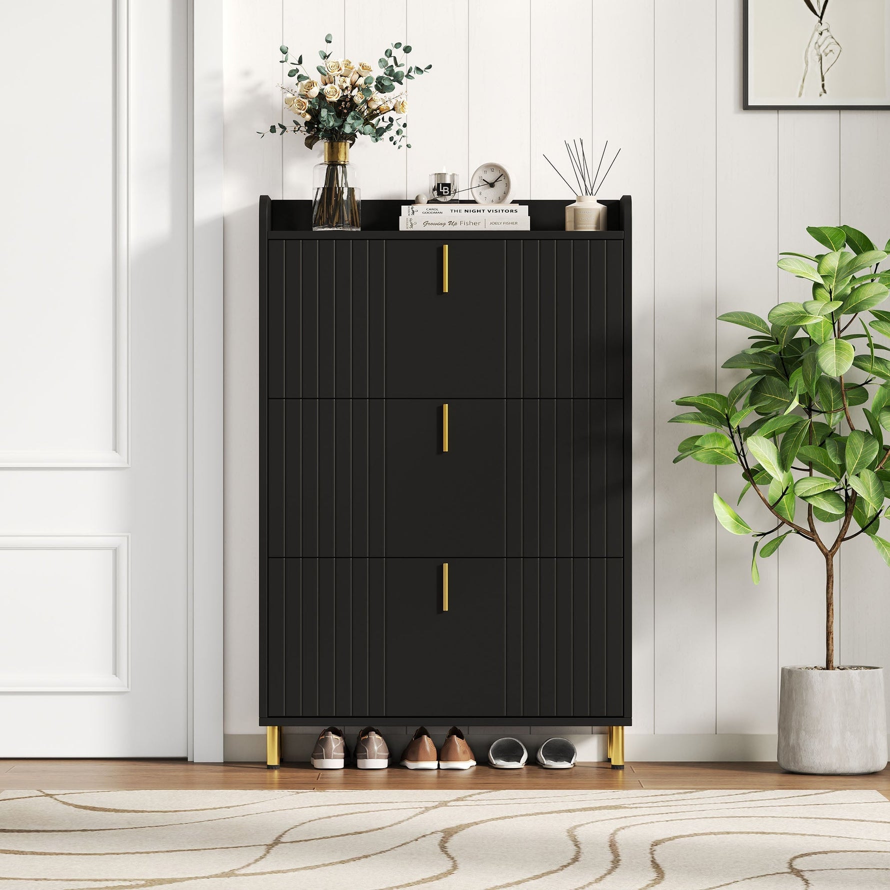 Shoe Cabinet 3 Doors 6 Adjustable Compartments Narrow Anti-tip Black