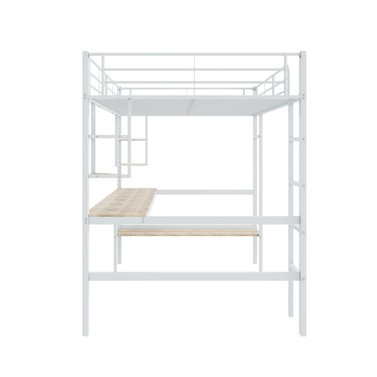 Loft Bed 140x200cm Frame with Desk & Shelves, White Metal