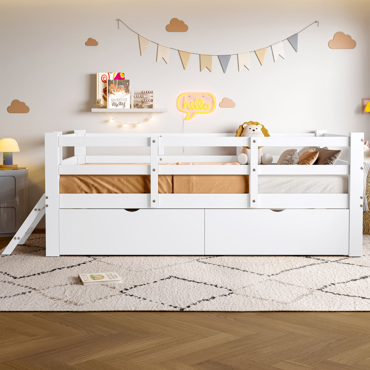 Wooden Platform Bed 90x200cm with Safety Railing & 2 Drawers, White