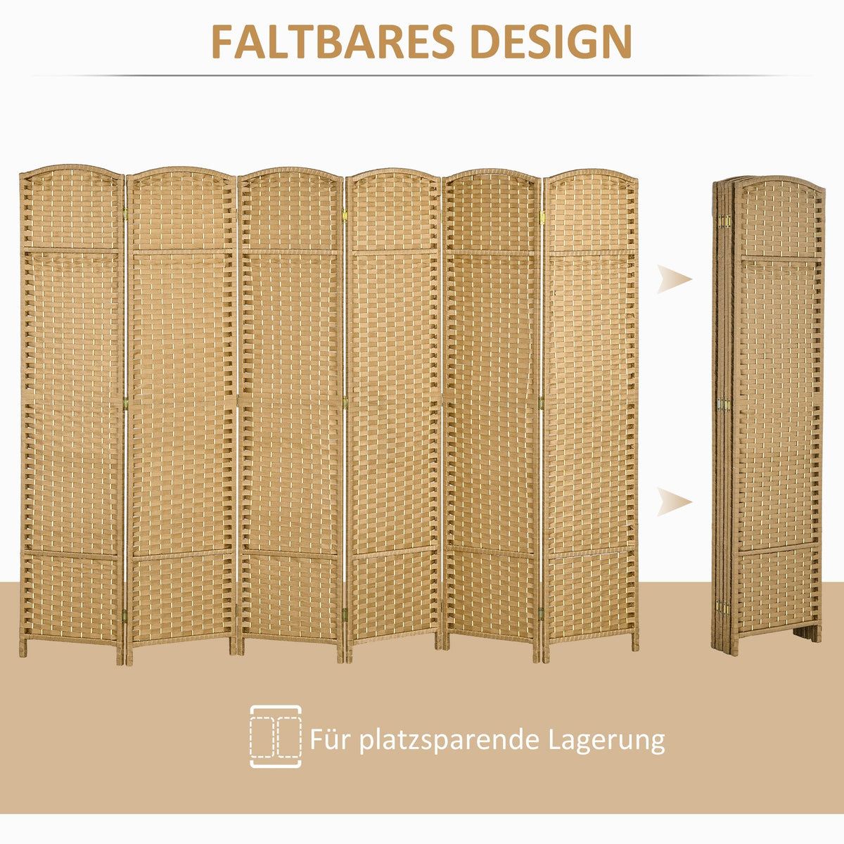 Folding Screen, 6 Panels, Room Divider, Natural Bamboo