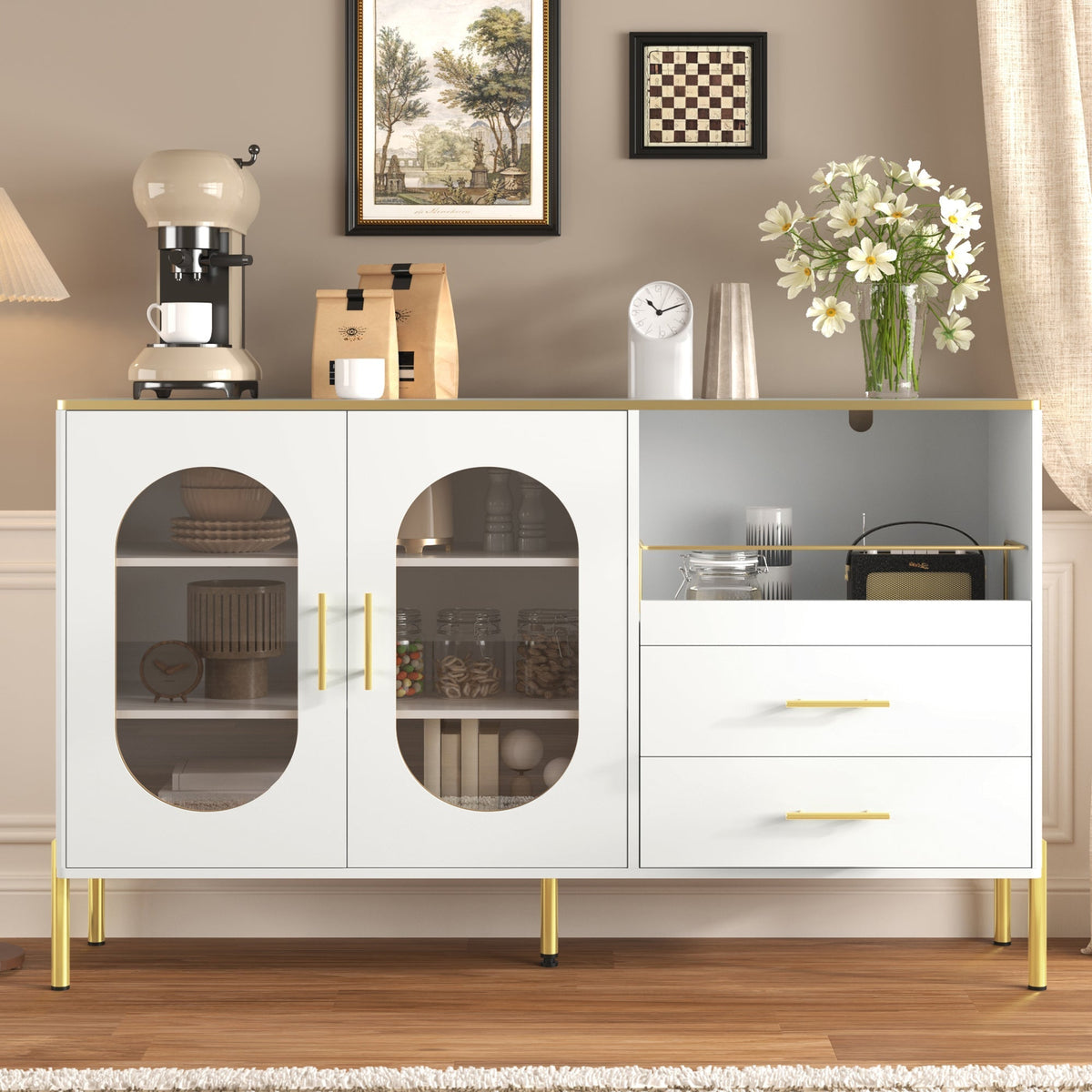Sideboard Cabinet, 2 Drawers 2 Glass Doors Modern, White Gold Accents