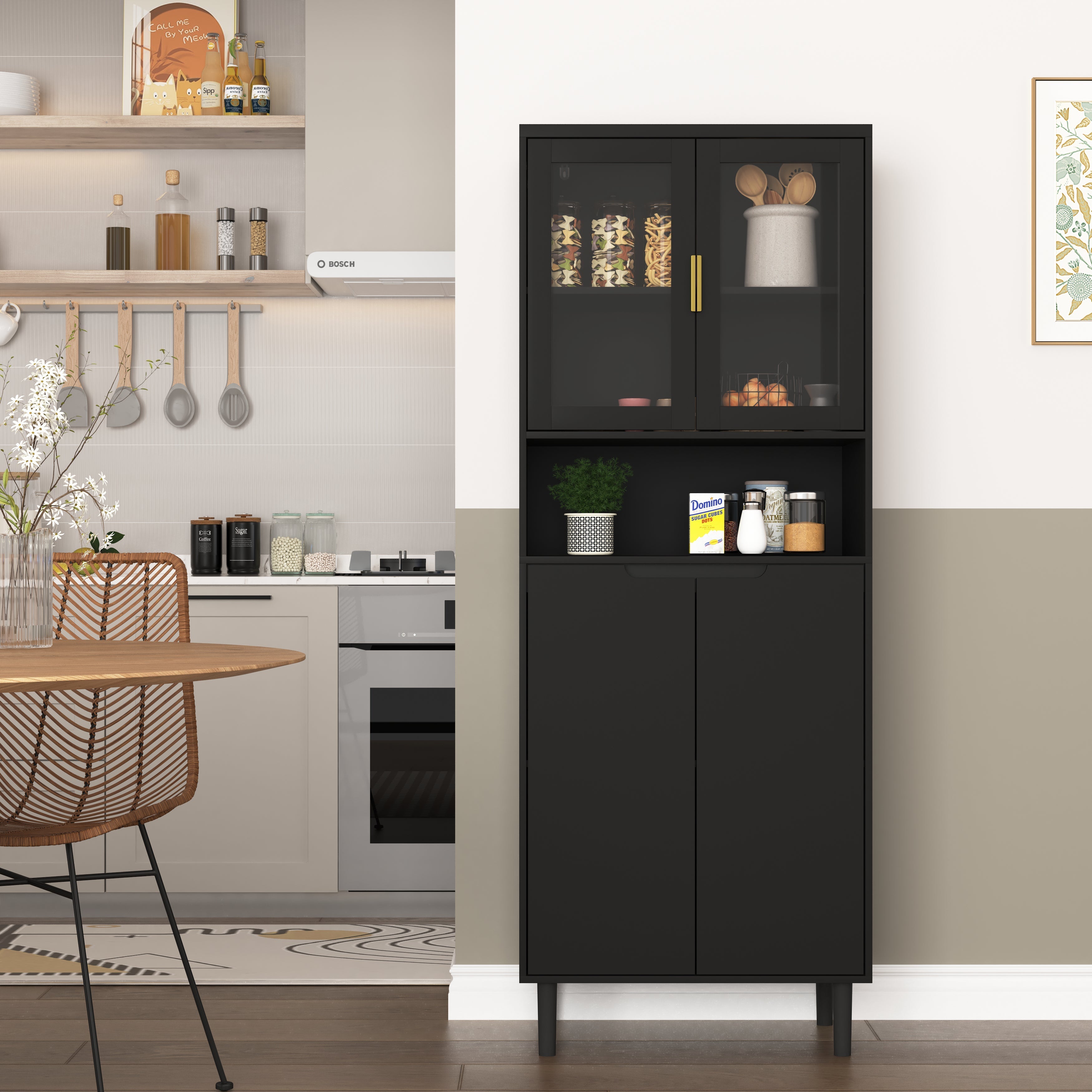 Tall Bookcase 4-Door Storage with Tempered Glass and Adjustable Shelf - Black MDF