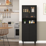 Tall Bookcase 4-Door Storage with Tempered Glass and Adjustable Shelf - Black MDF