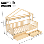 Children's House Bed 90x200cm with Drawers Slatted Base Pine Wood Natural