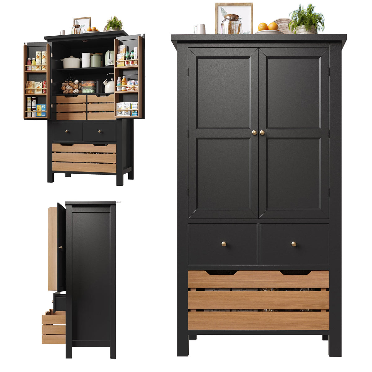 Kitchen Cabinet, Tall Buffet Storage with 2 Doors & 5 Drawers, Black/White